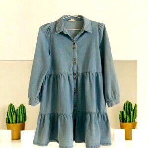 👛 (ANY 2/$35) AARON & AMBER Blue Denim Long Sleeved Tiered Dress